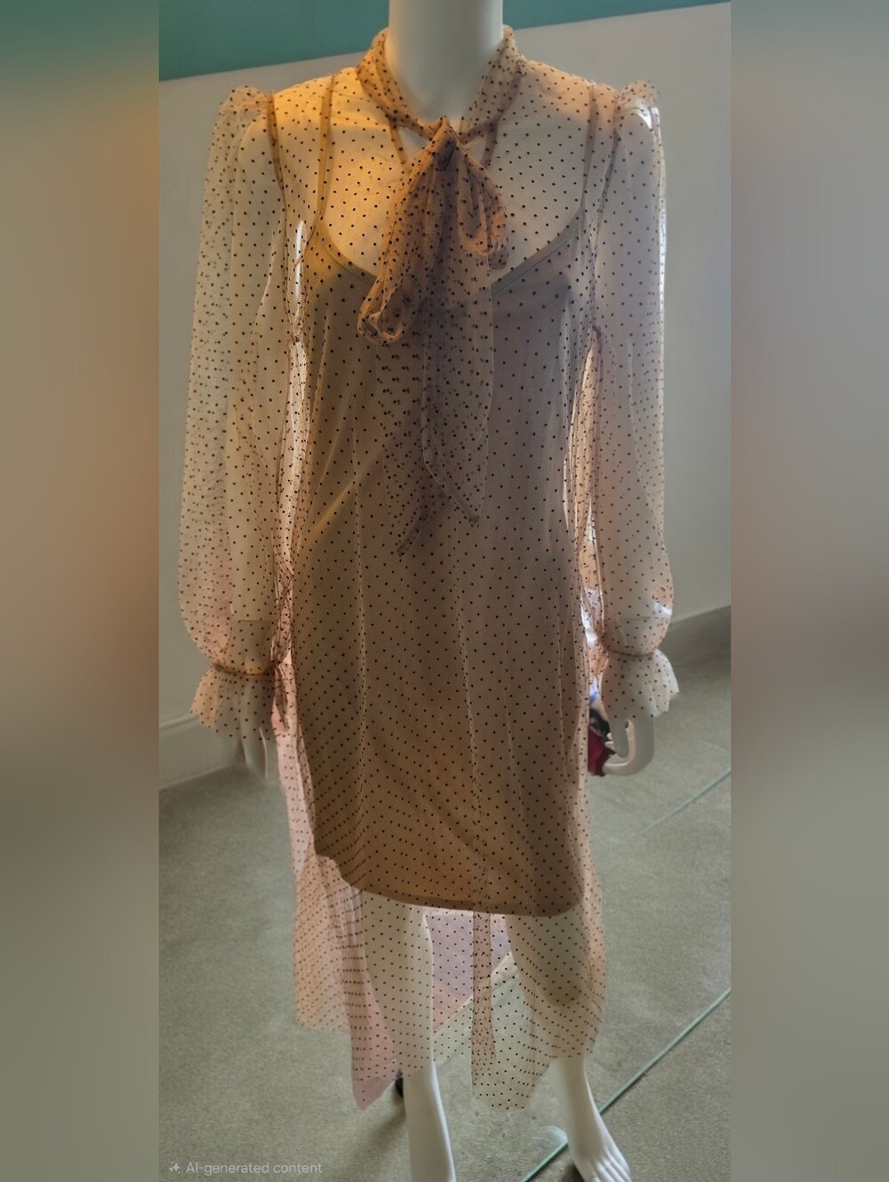 Polka Dot Sheer Tie-Neck Long Sleeve Dress in Nude